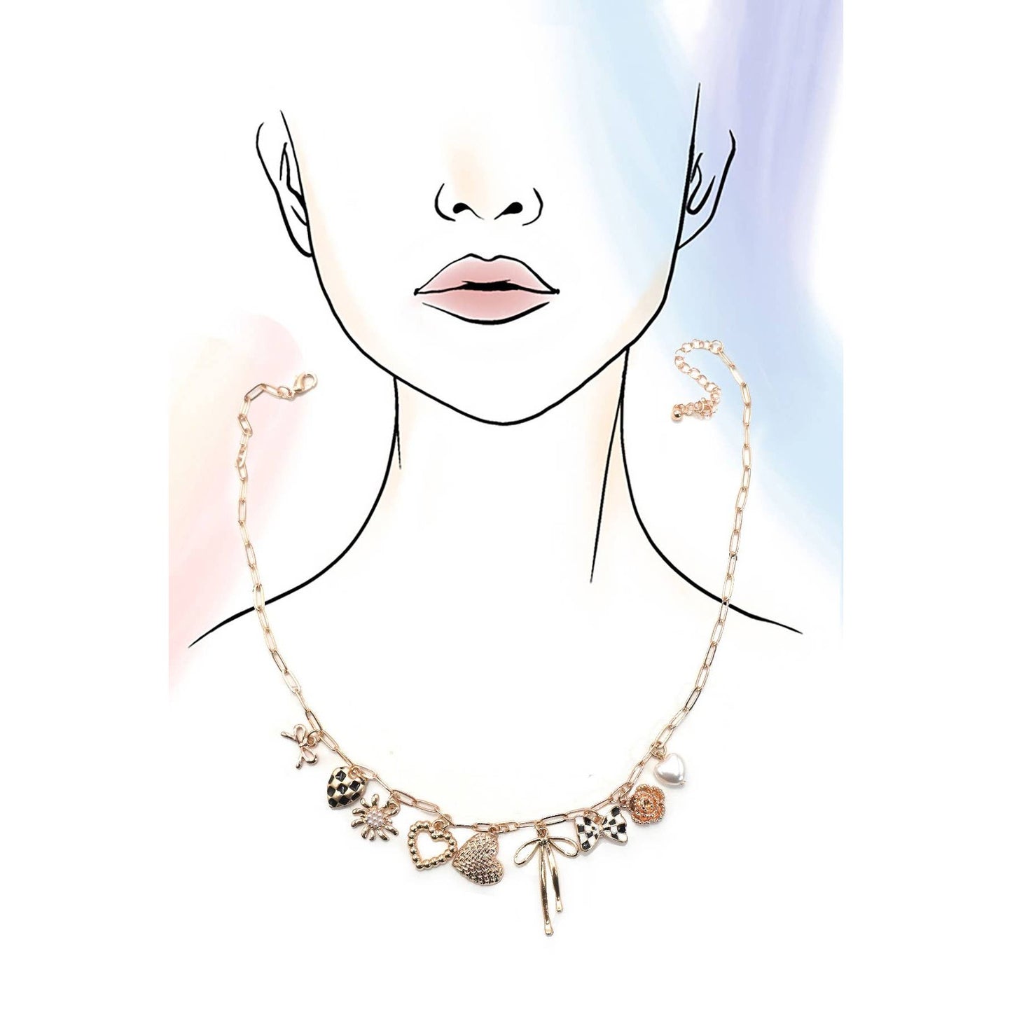 Checkered Bow and Heart Necklace