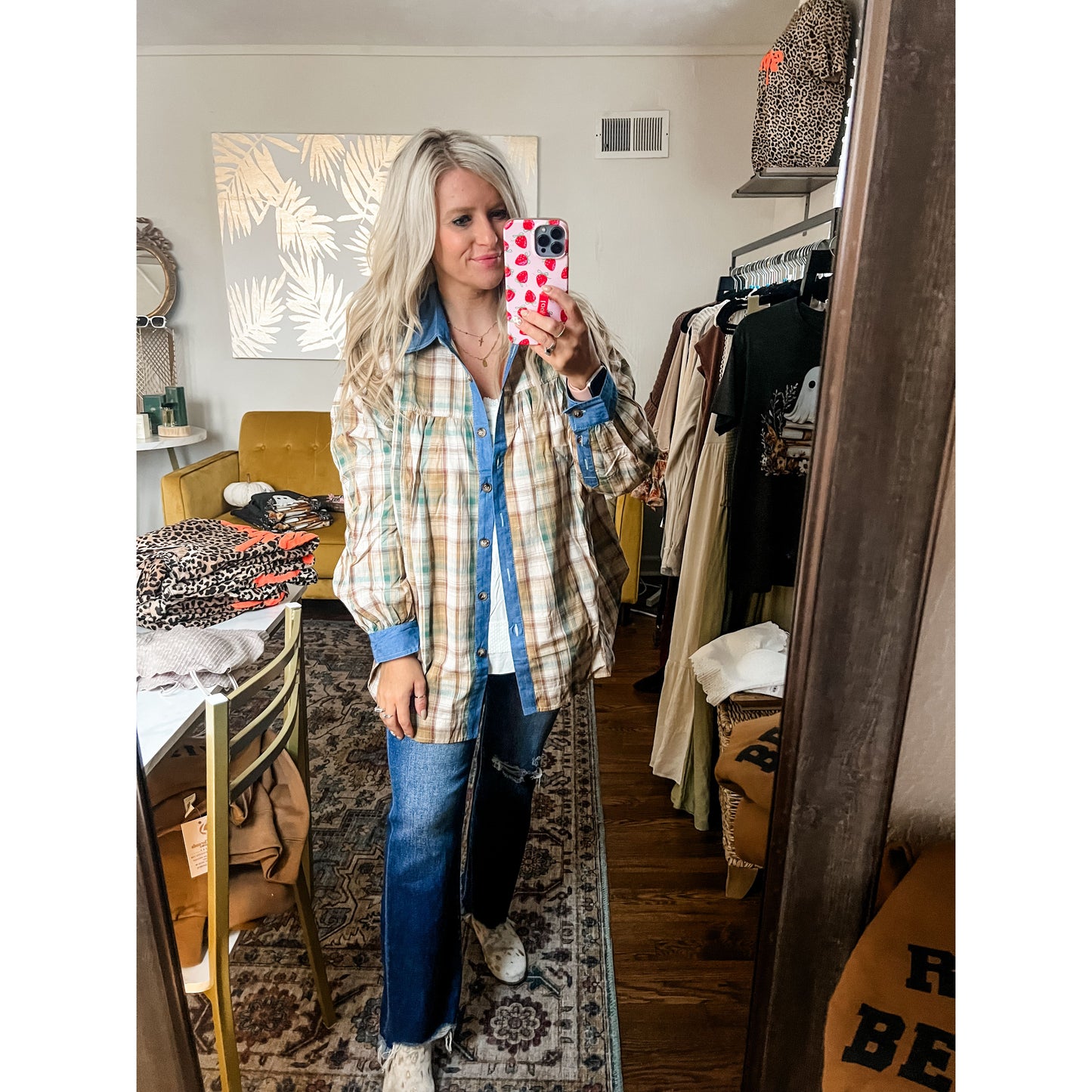 Mixed Plaid Oversized Button-Down Shirt
