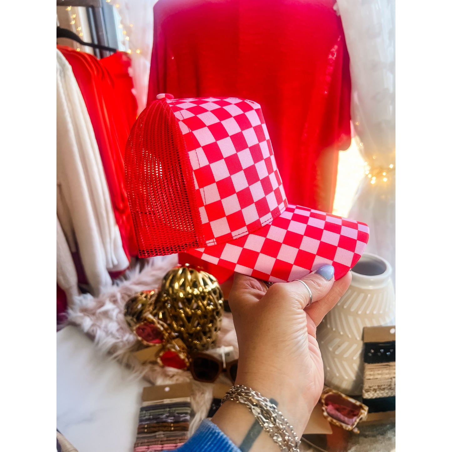 Red and Pink Checkered Hat