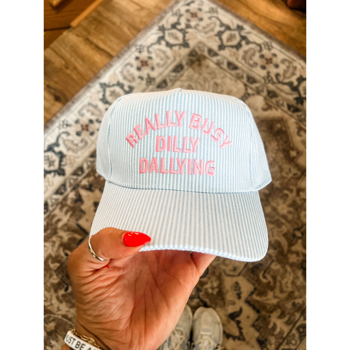 REALLY BUSY DILLY DALLYING Embroidered Seersucker Stripe Hat
