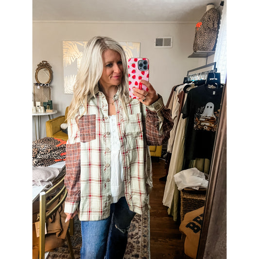 Patchwork Plaid Button-Down Shirt