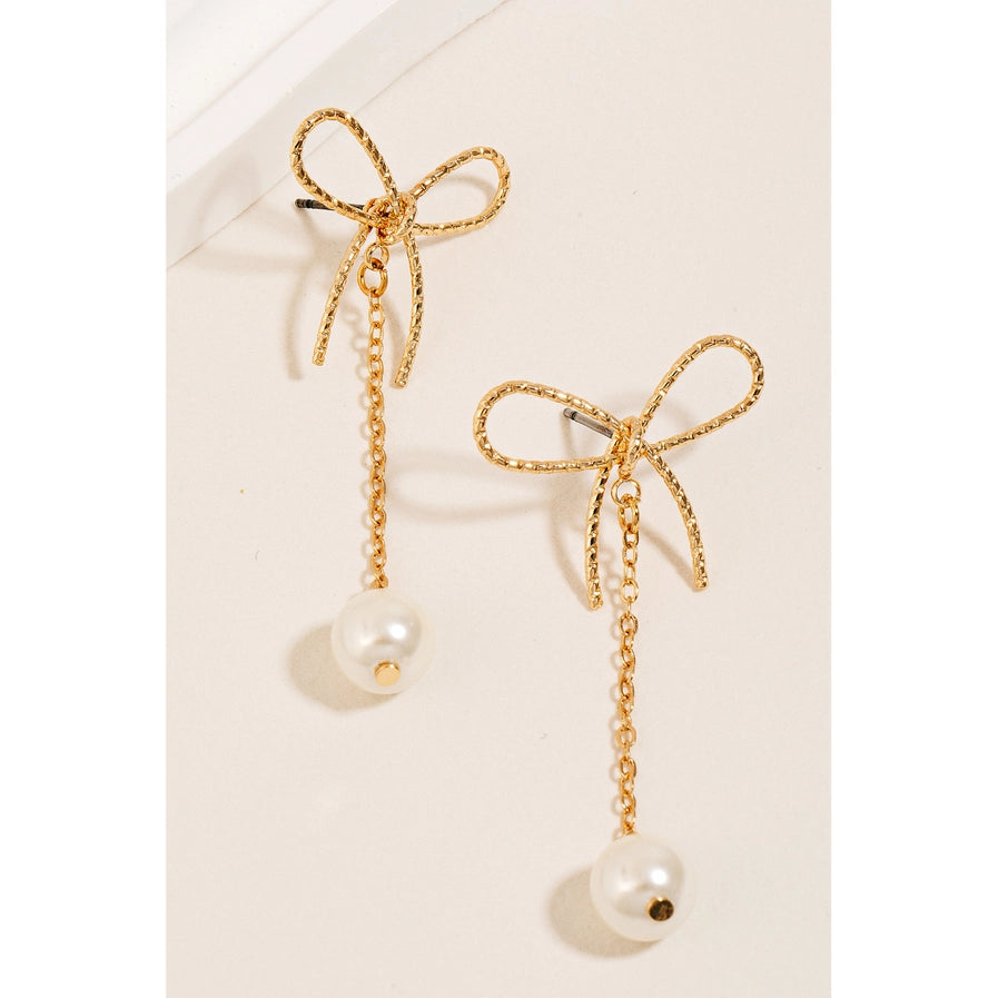 Pearl Dangle Bow Stud Earrings