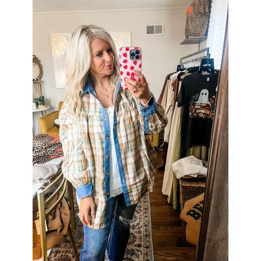 Mixed Plaid Oversized Button-Down Shirt