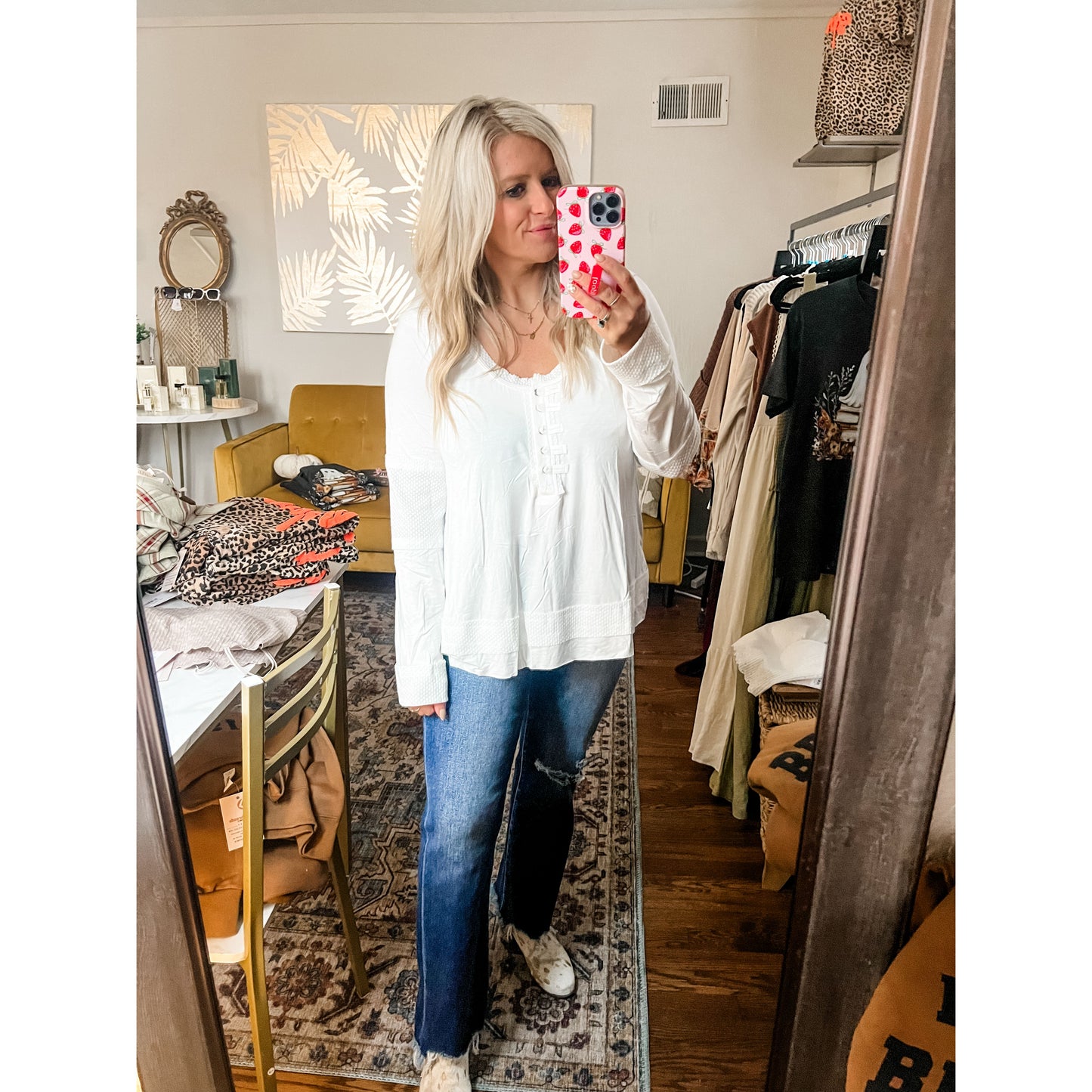 Textured Panel Button Henley Top
