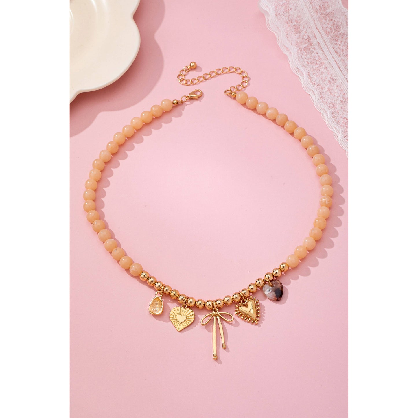 Beige Beaded Charm Necklace