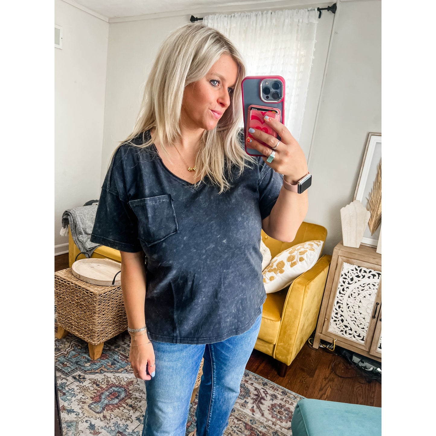 Mineral Washed V-Neck Knit Top