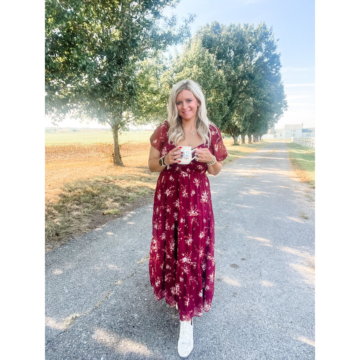 FLORAL SWEETHEART SMOCKED PUFF TIERED MIDI DRESS