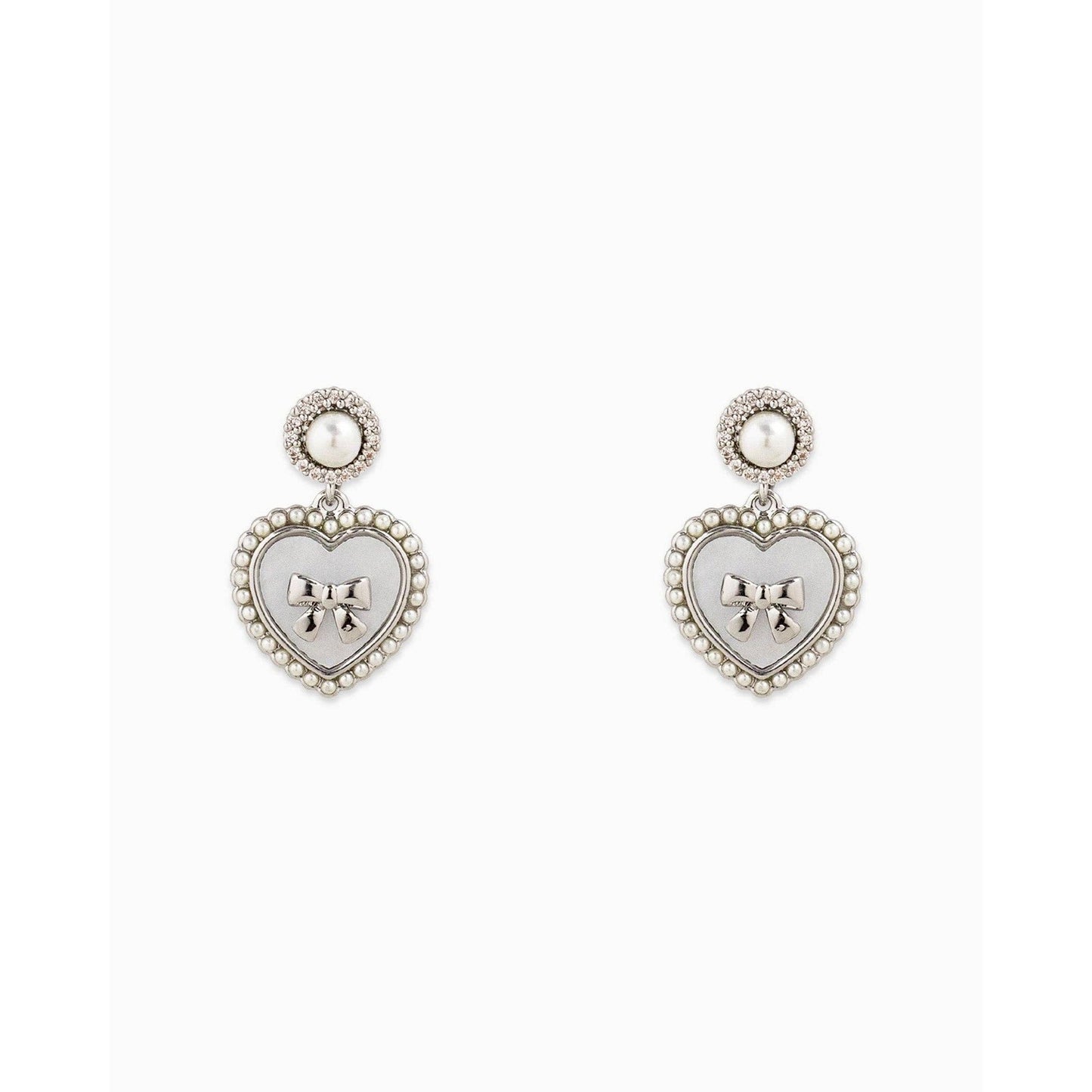 Pearlized Heart Bow Drop Earrings