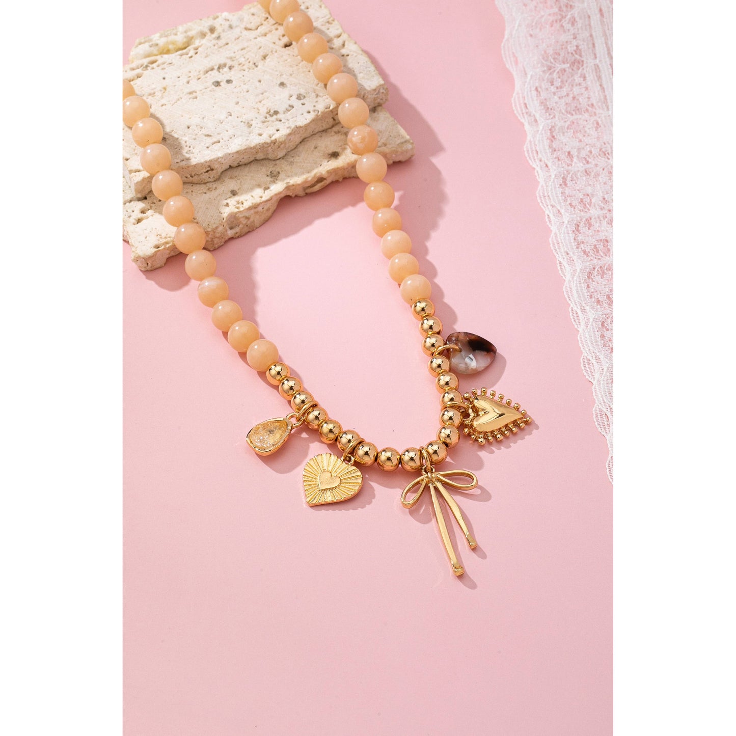 Beige Beaded Charm Necklace