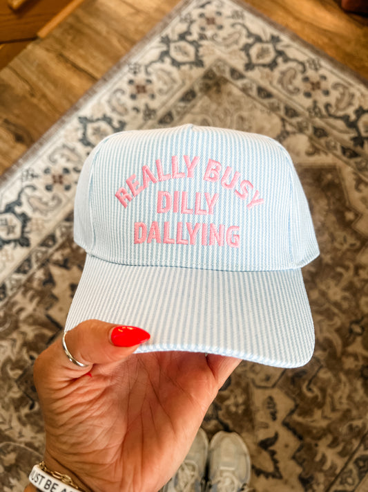 REALLY BUSY DILLY DALLYING Embroidered Seersucker Stripe Hat