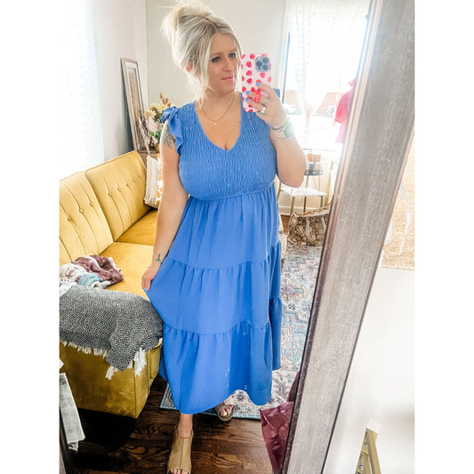 Dusty Blue Flutter Sleeve Maxi