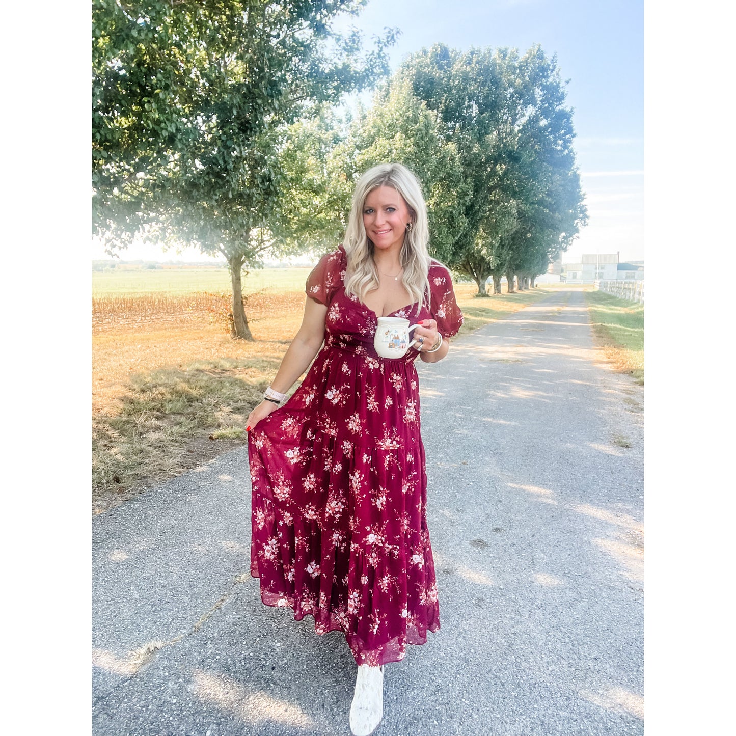 FLORAL SWEETHEART SMOCKED PUFF TIERED MIDI DRESS