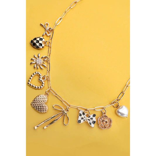 Checkered Bow and Heart Necklace