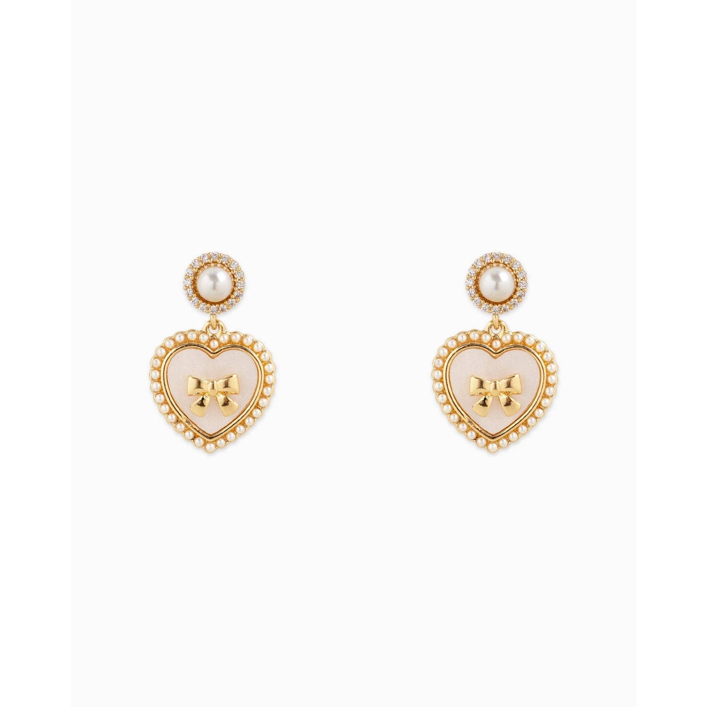 Pearlized Heart Bow Drop Earrings