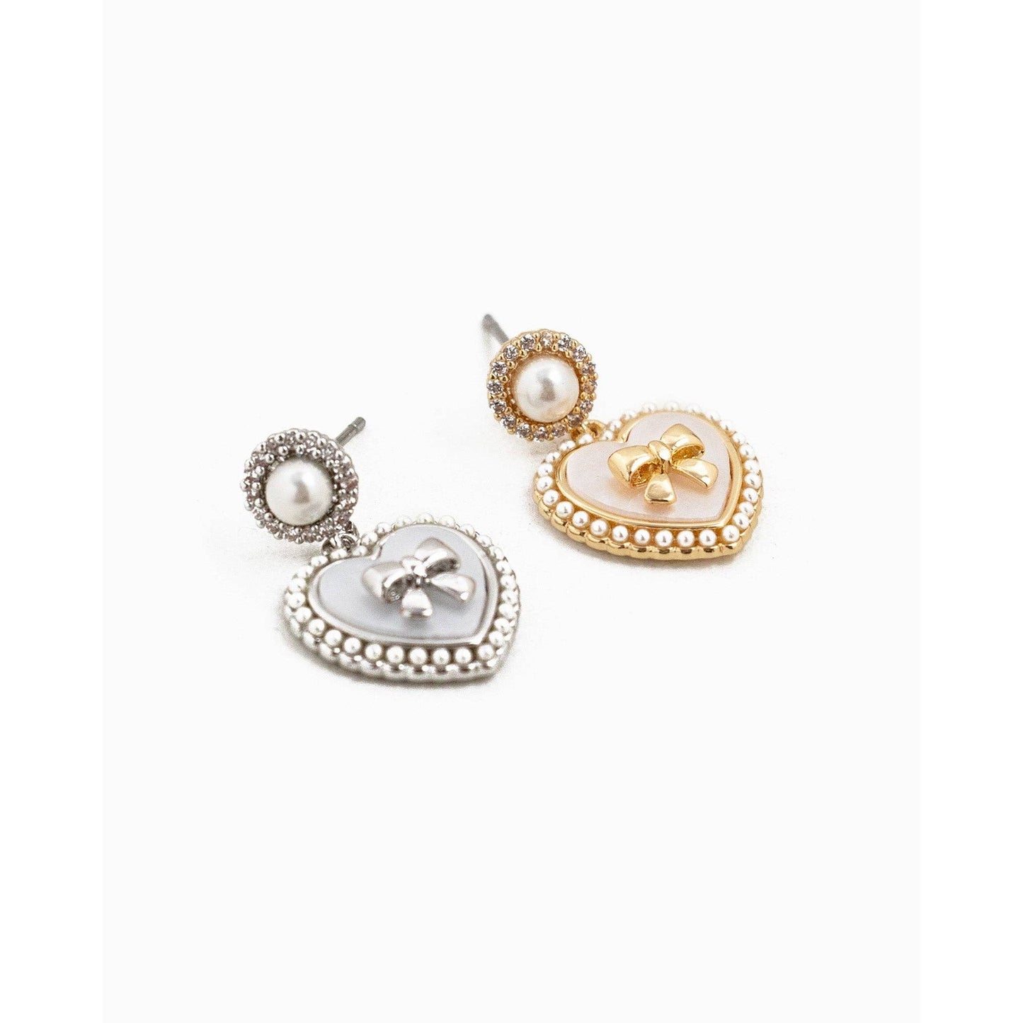Pearlized Heart Bow Drop Earrings