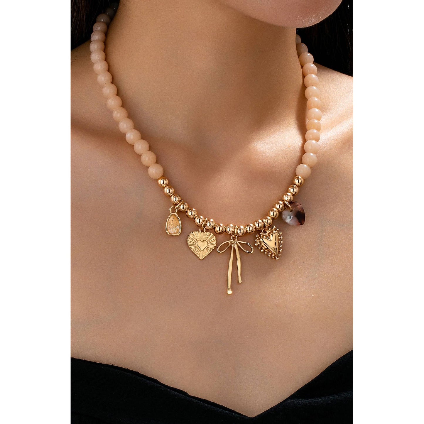 Beige Beaded Charm Necklace