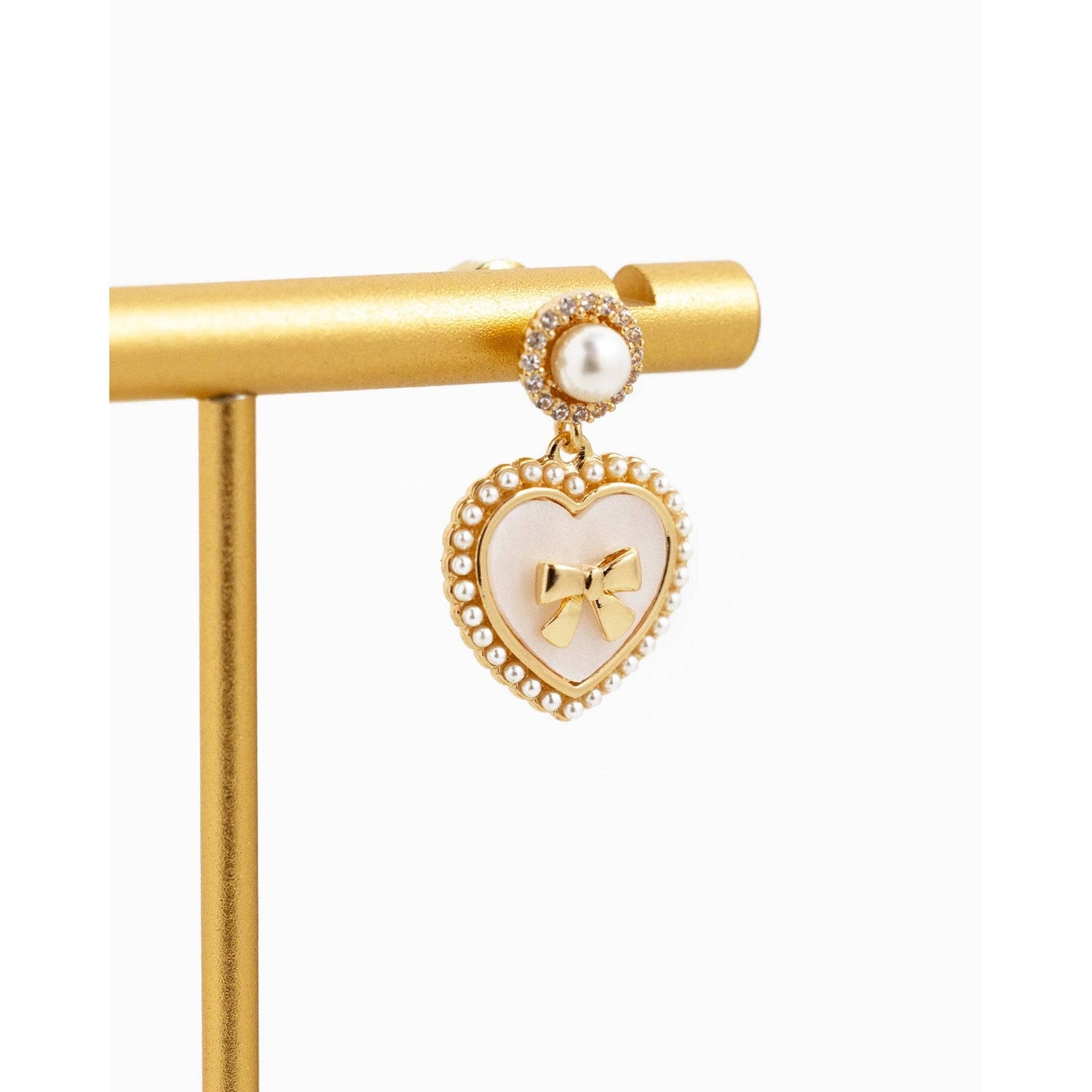Pearlized Heart Bow Drop Earrings